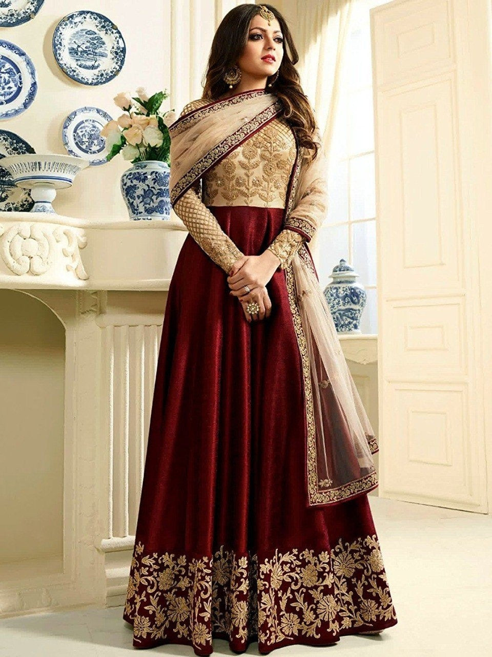 Designer Wear Formal Collection Chiffon Fabric Maxi Maroon