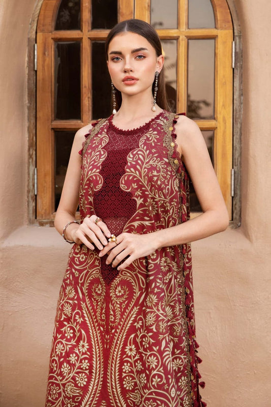 M.B Maroon printed Lawn Embroidery 3pc Unstitched Dress