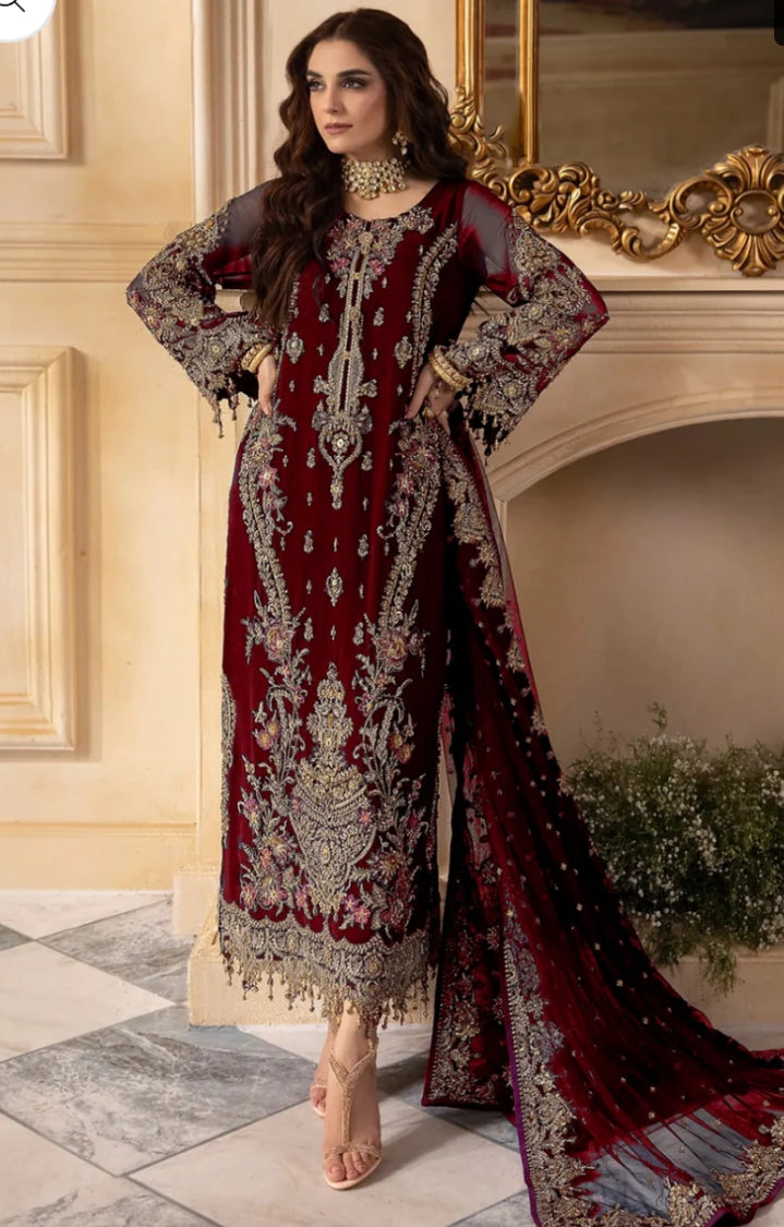Charizma Maroon Chiffon Hand Work Formal Collection 3pc Unstitched