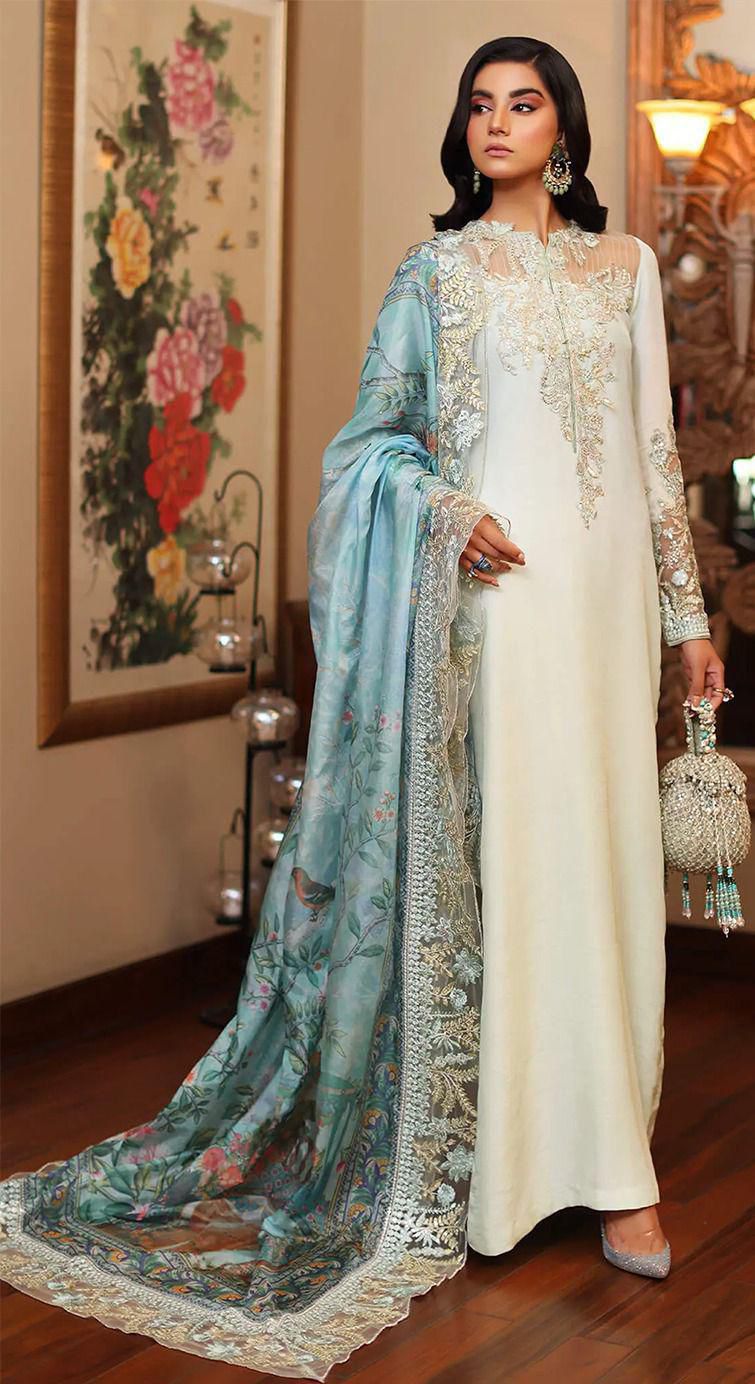 Azure Silk lite green shirt Hand Work Dress Party Wear Collection Unstitched