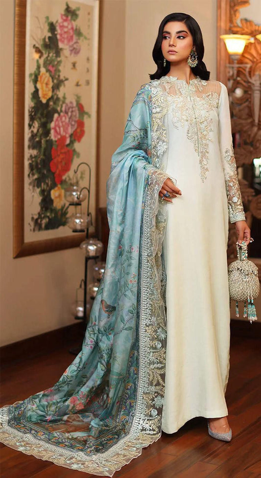 Azure Silk lite green shirt Hand Work Dress Party Wear Collection Unstitched