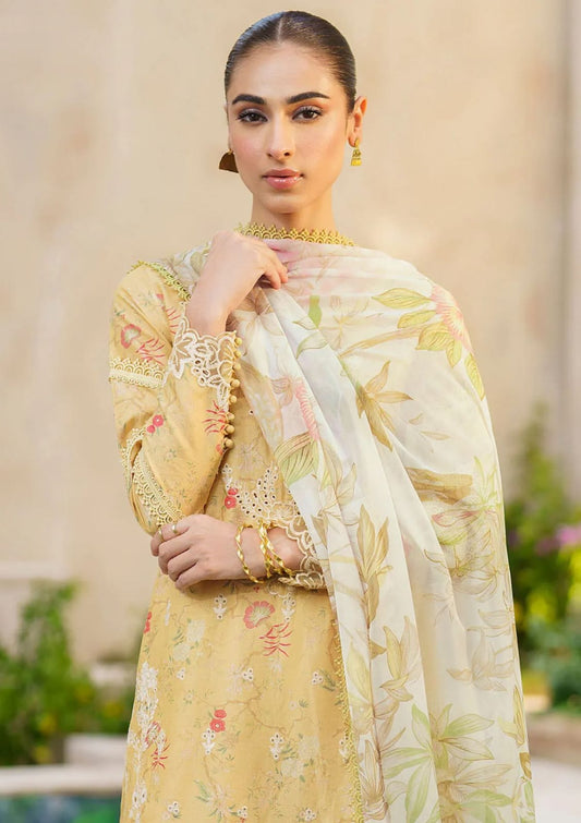 Iznik Yellow Lawn Printed Embroidery Chiffon Duptta 3pc Unstitched