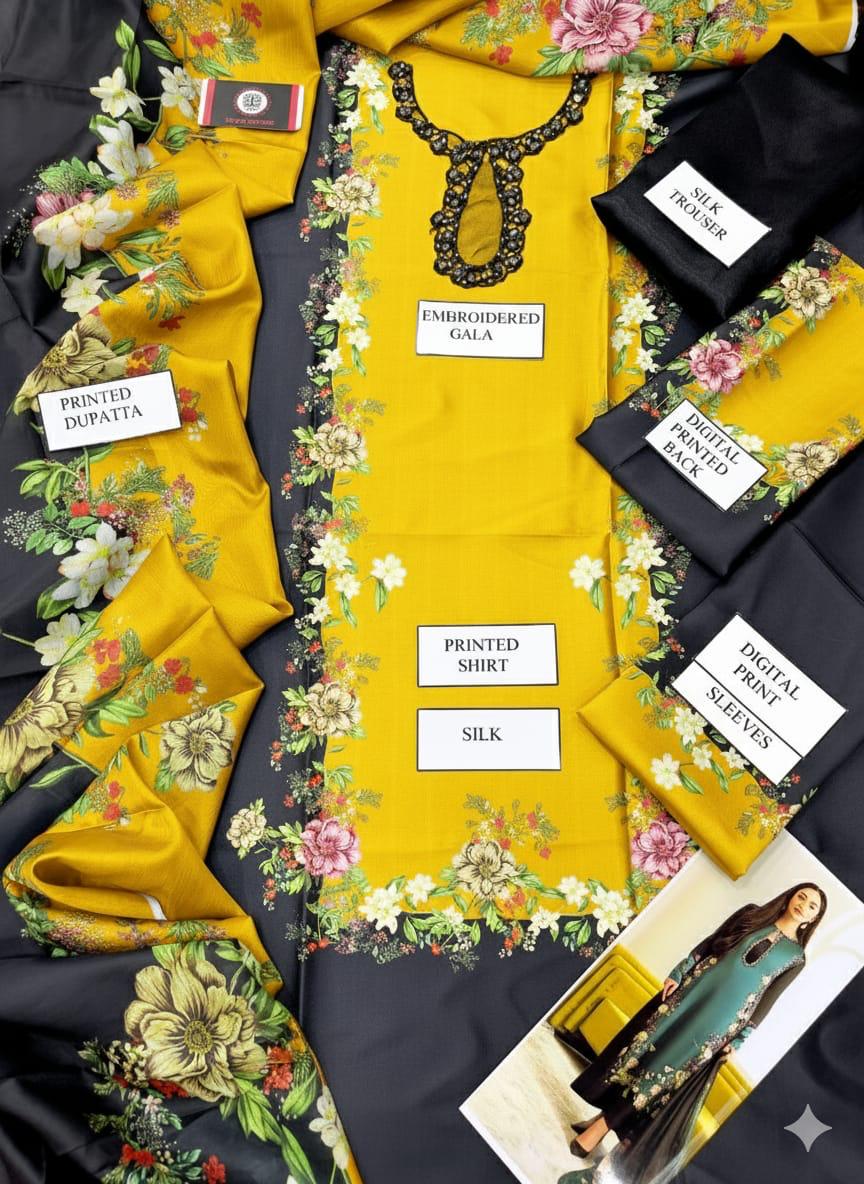 Lulusar Silk Digital Black Yellow 3piece Embroidery Unstitched