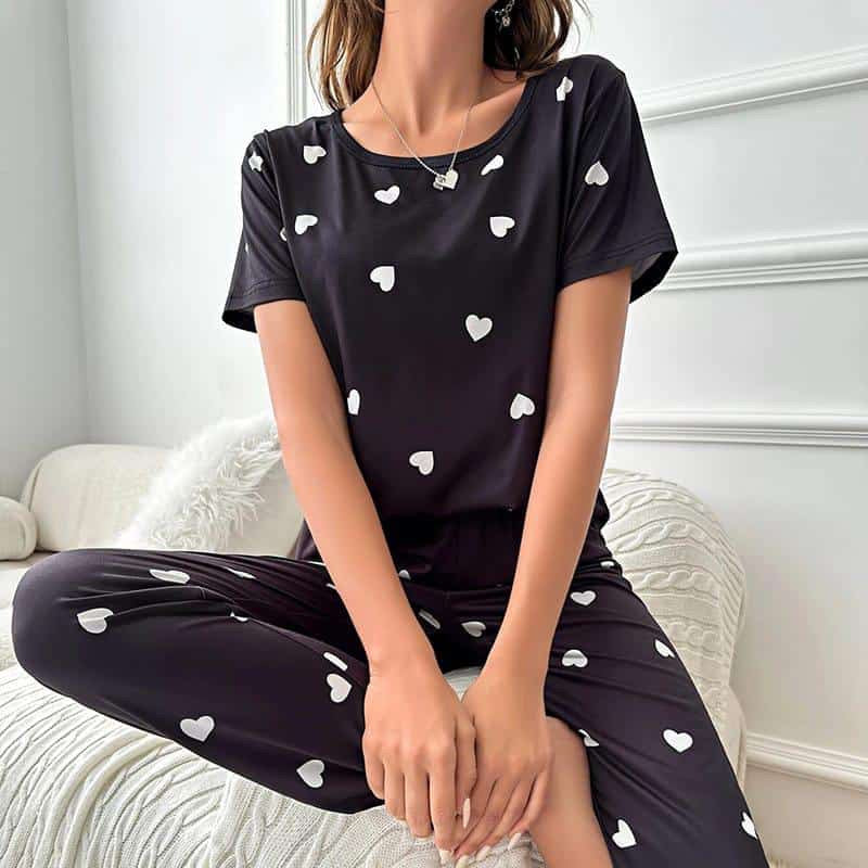 Black heart printed Night dress ready to wear soft cotton jersay