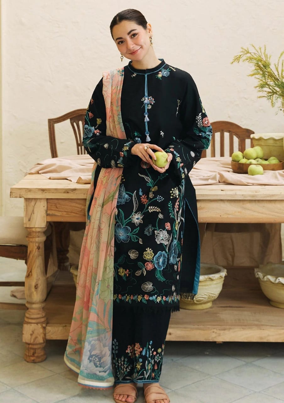 Zara Shajahan Black Lawn Embroidery Dress 3pc Unstitched