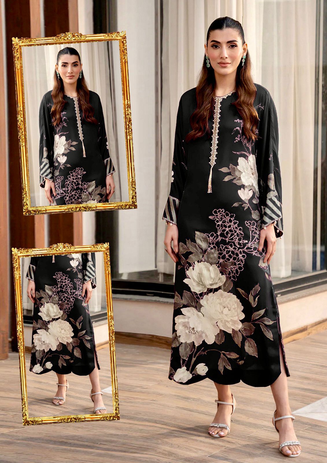 Lulusar Black Silk Digital Print Hand Work Neck Line 3pc