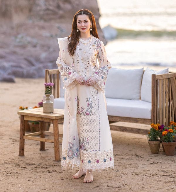 QALAMKAR LUXURY LAWN CREAM CHIKANKARI DRESS