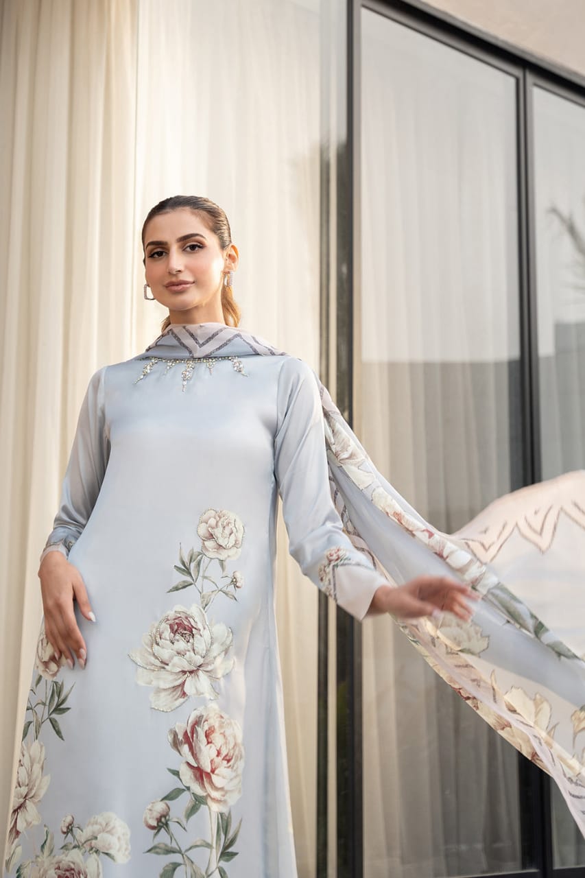 Lulusar Silk Digital Printed Sky Blue 3PC Unstitched Dress