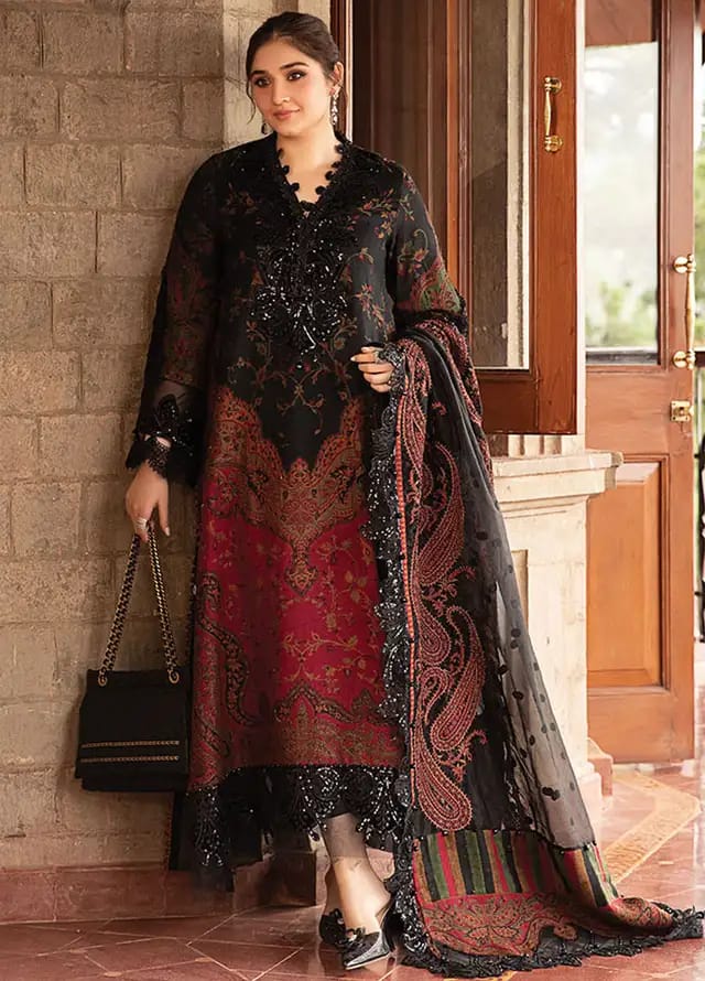 M.B Black & Rust New Arrival Printed Embroidery 3pc Unstitched Dress