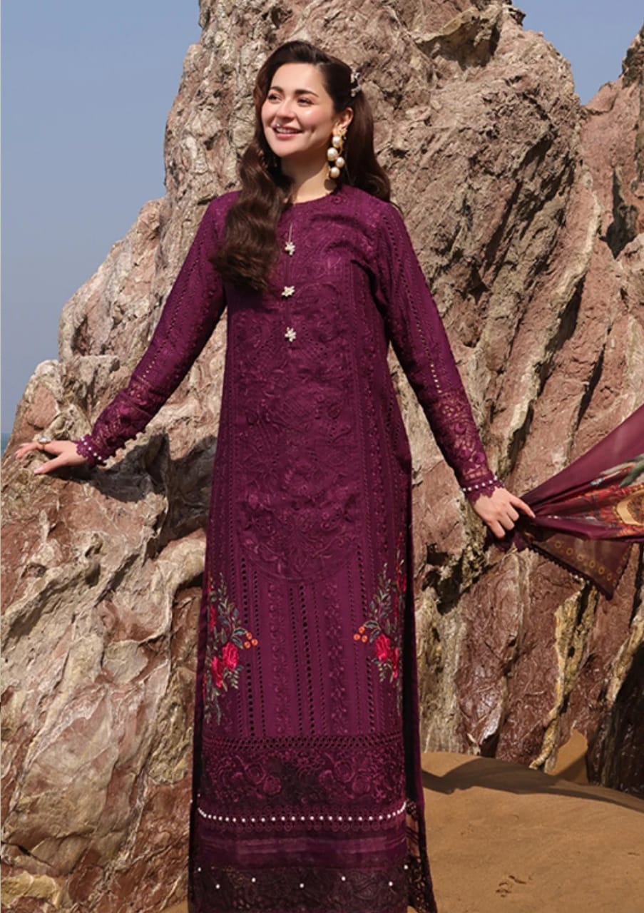 Imrozia Margenta Embroidery Lawn Chikankari Dress 3pc Unstitched