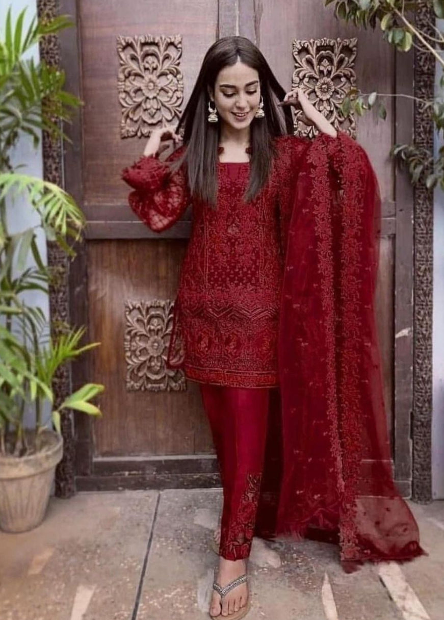 ZAINAB CHOTTANI EMB NET DRESS MAROON