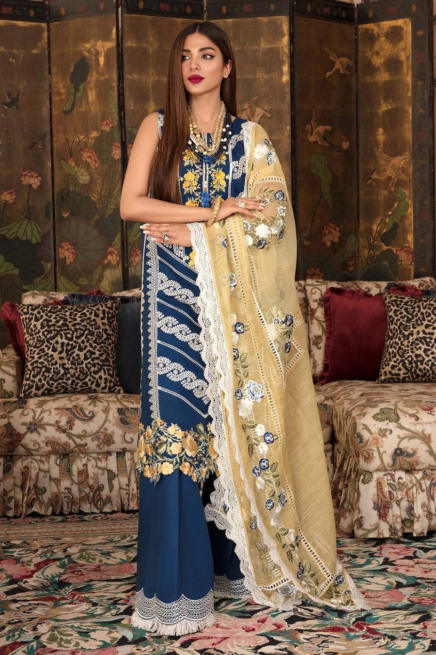 CRIMSON BLUE CHIKANKARI LAWN DRESS 3PC