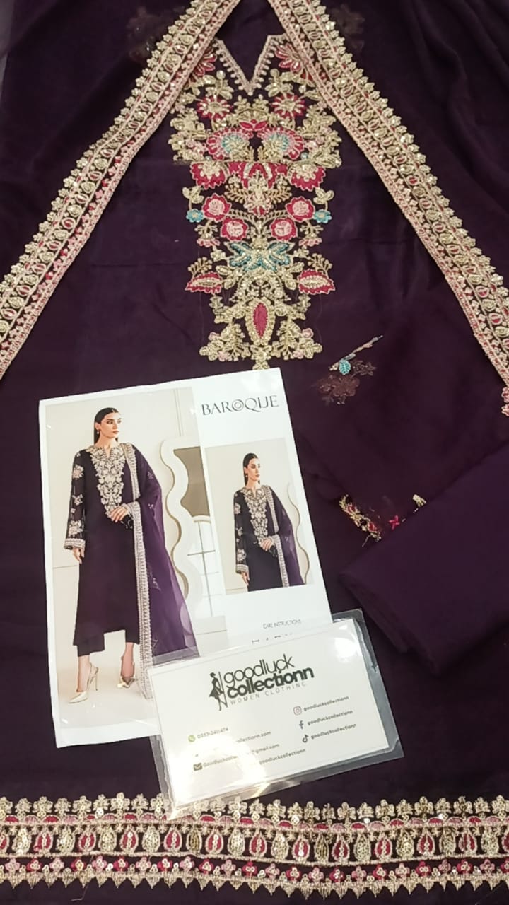 Baroque Purple Chiffon Emb Party Wear Collection 3pc Unstitched