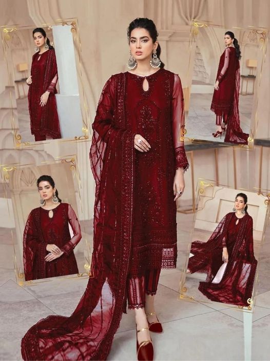 Gulaal Maroon Formal Collection Soft Net Hand Work 3pc