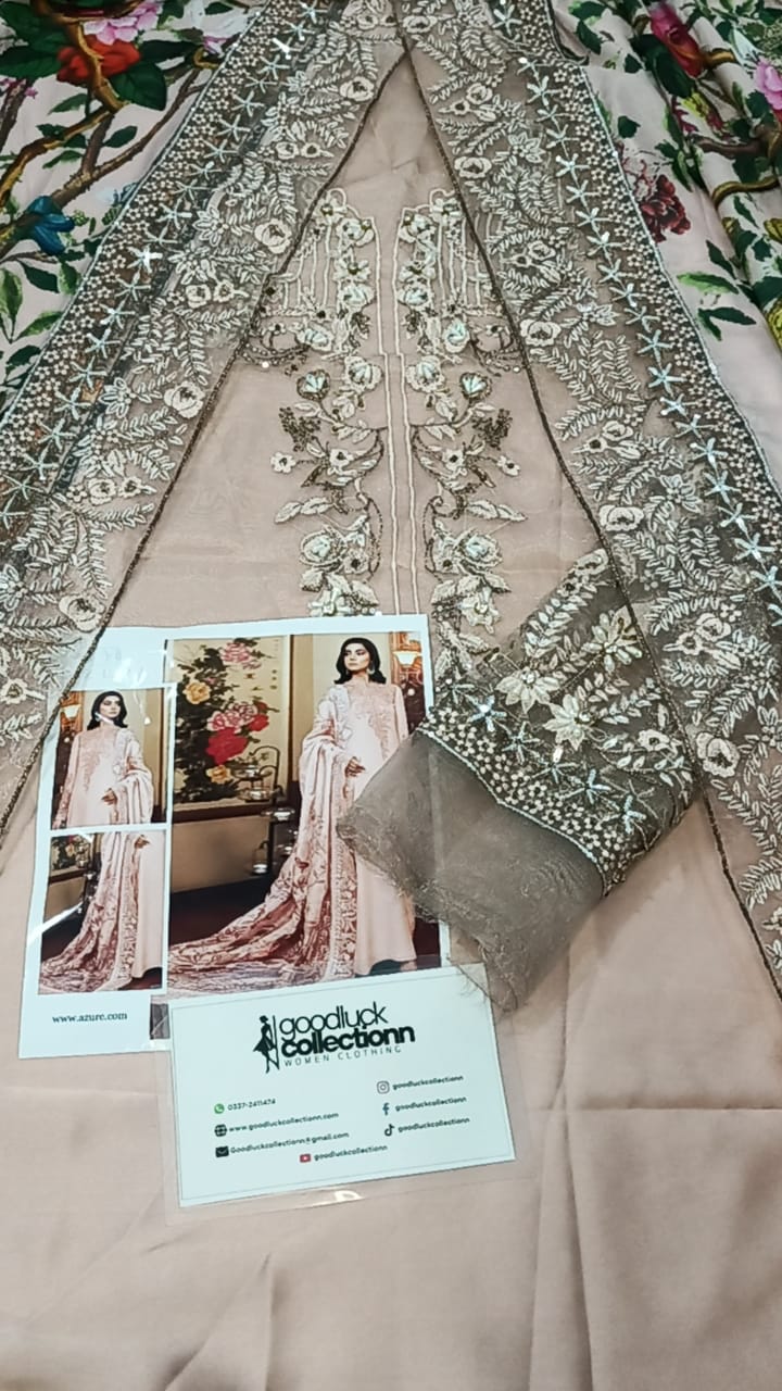 Azure Silk Tea Pink Hand Work Dress Party Wear Collection 3piece Unstitched