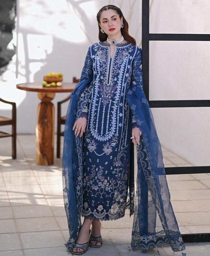 Qalamkar Blue Luxury Lawn Embroidery Dress 3pc