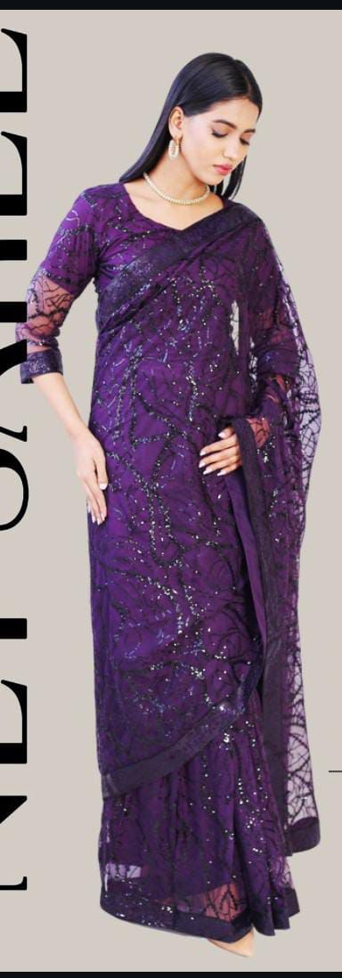 Designer Wear Net Saree Purple Wedding Collection Unstitched