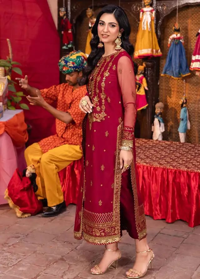 Asim Jofa Maroon Chiffon Formal Collection New Arrival