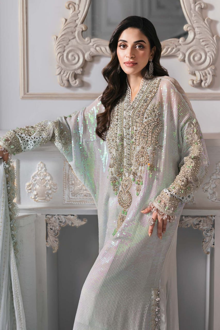 M.B Light Green Luxury Chiffon Embroidered 3piece Unstitched