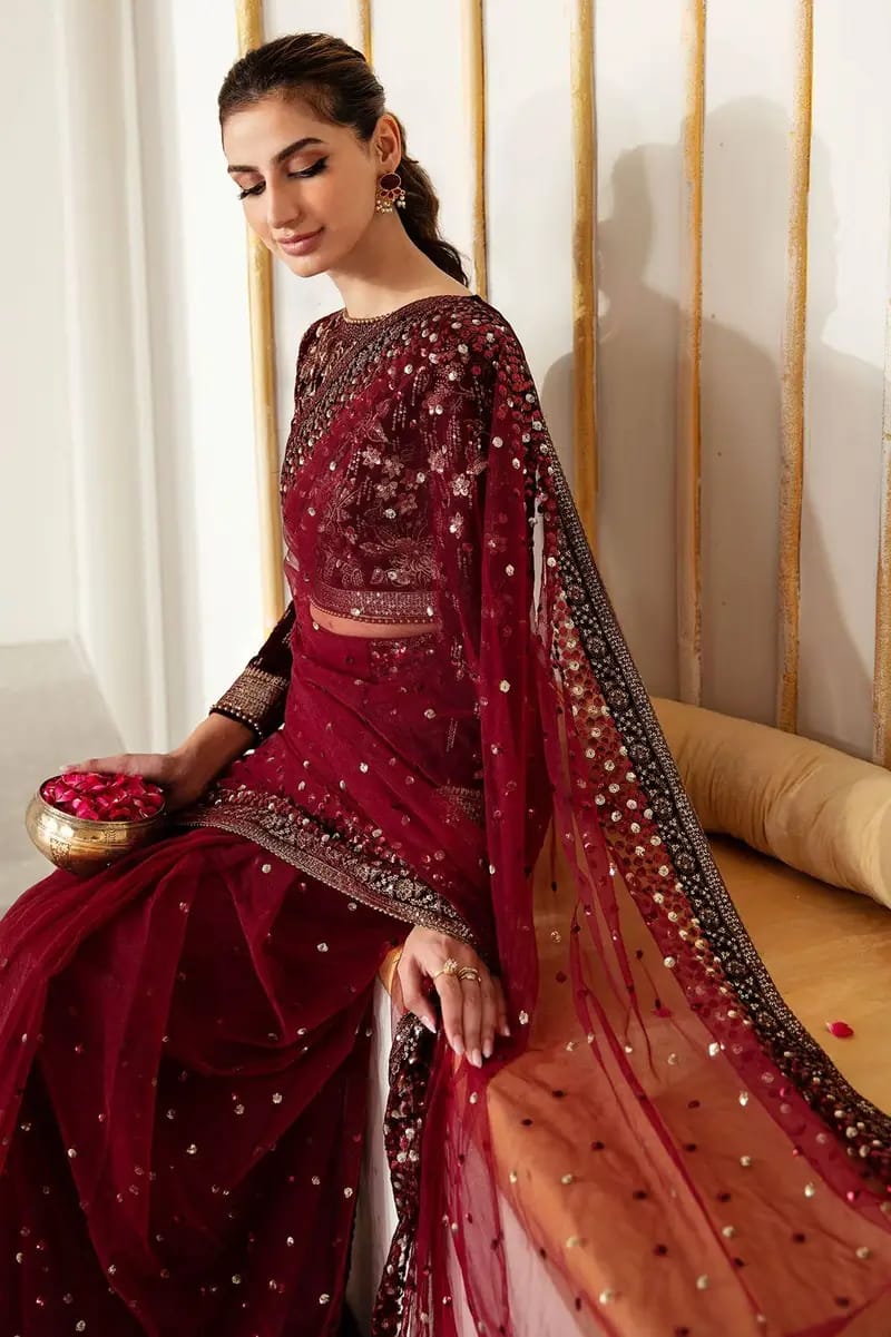 M.B Maroon Wedding Collection Saree Soft Net Fabric Embroidery Unstitched