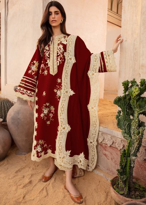 Crimson Maroon Embroidery Lawn Chikankari Dress