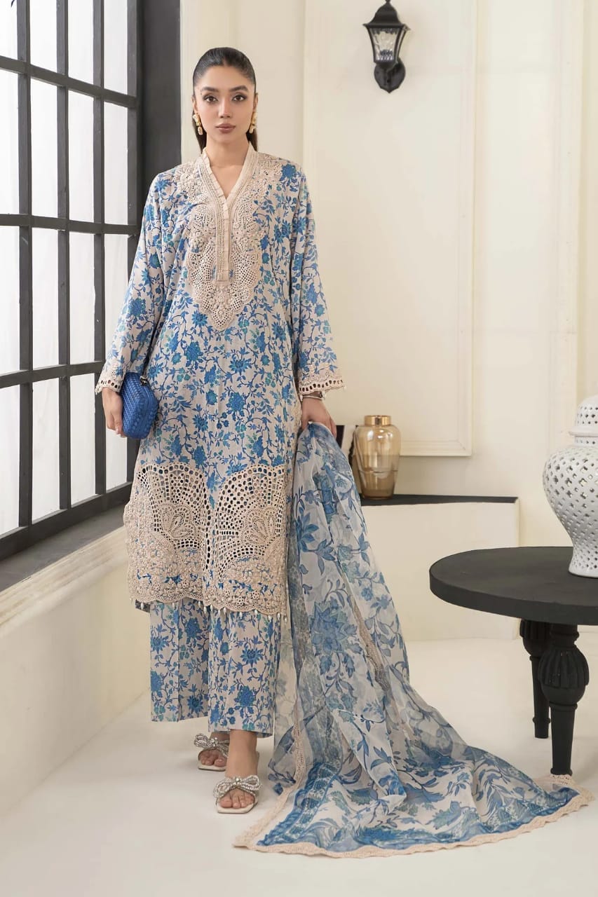 Maria B Sky Blue Pure Lawn Print Embroidery Collection