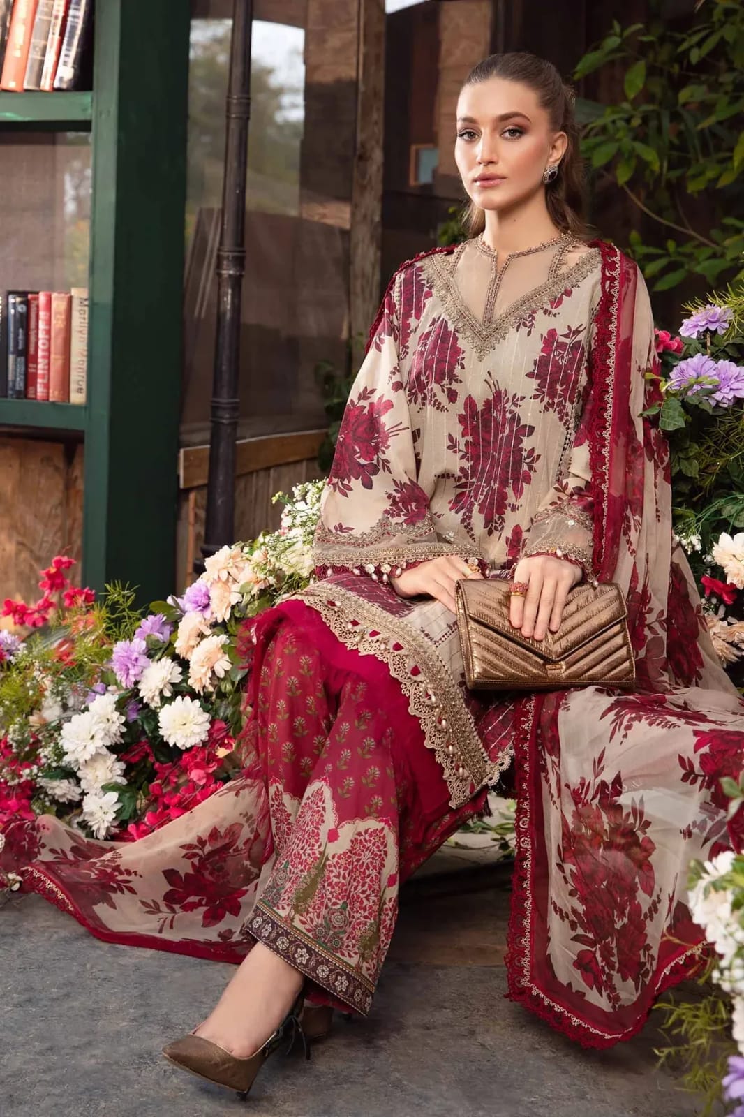 Maria B Mprint Maroon Pure Lawn Embroidery New Arrival 3PC