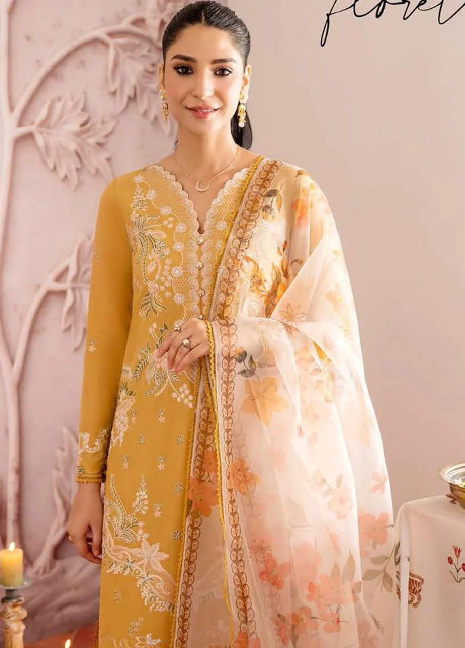 Cross Stitch Mustard Chikankari Embroidery Dress 3pc