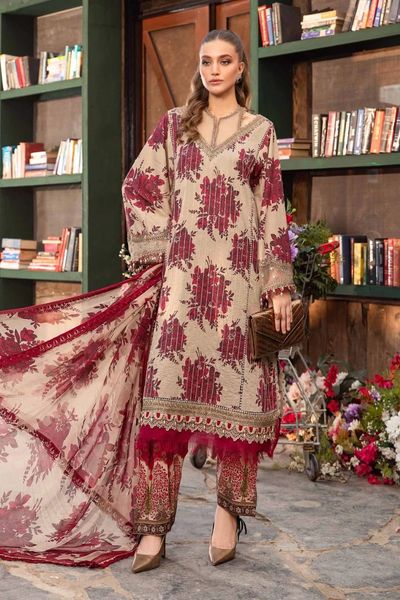 Maria B Mprint Maroon Pure Lawn Embroidery New Arrival 3PC