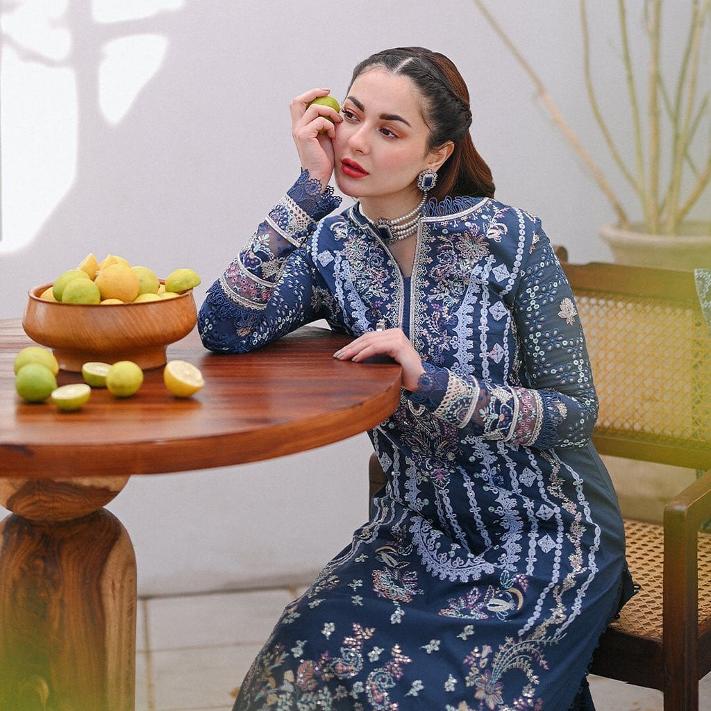 Qalamkar Blue Luxury Lawn Embroidery Dress 3pc
