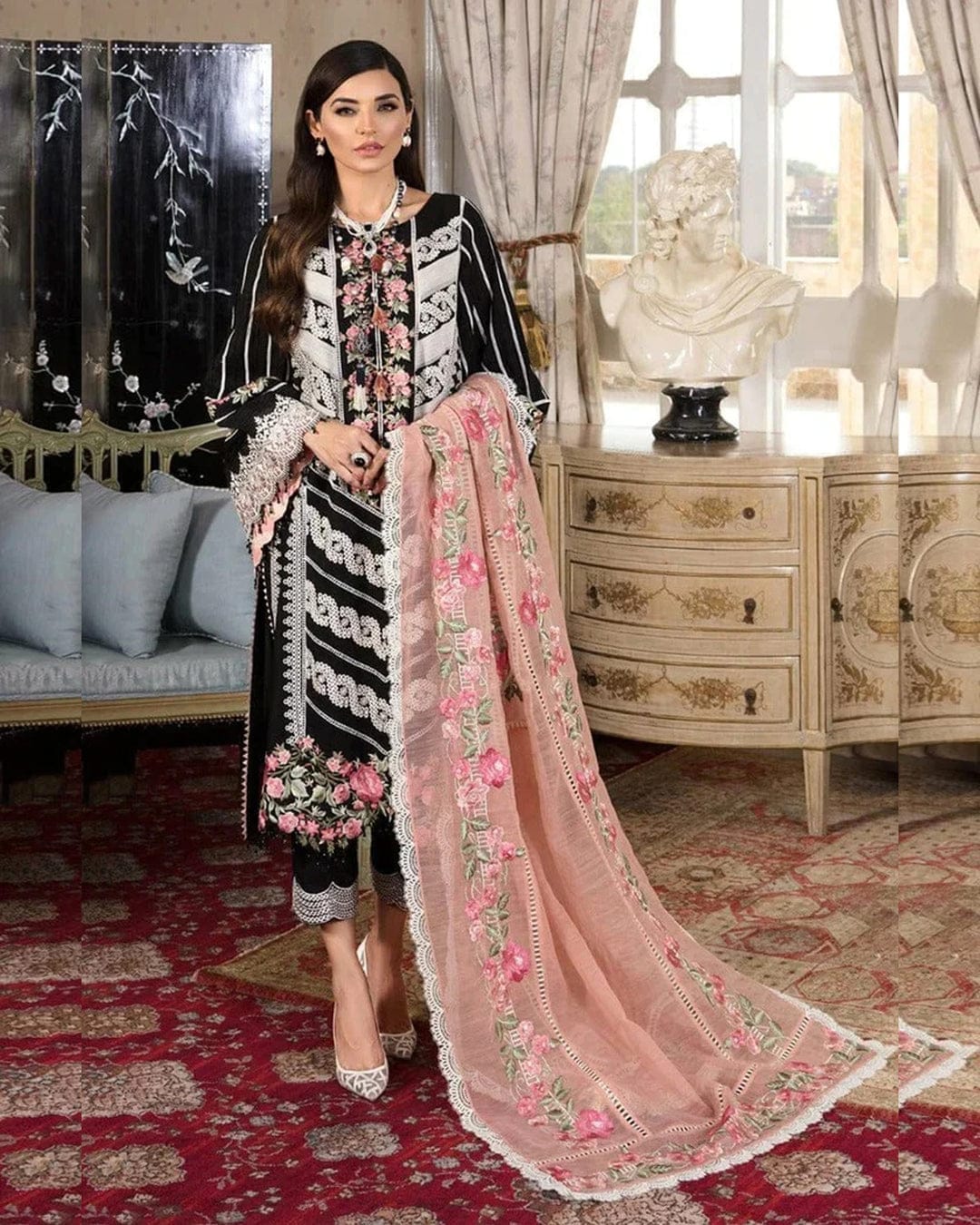 CRIMSON BLACK CHICKENKARI LUXURY DRESS