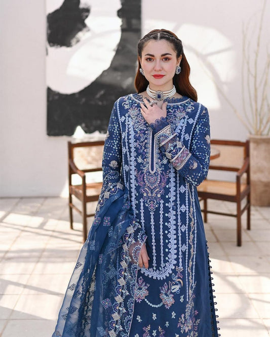 Qalamkar Blue Luxury Lawn Embroidery Dress 3pc