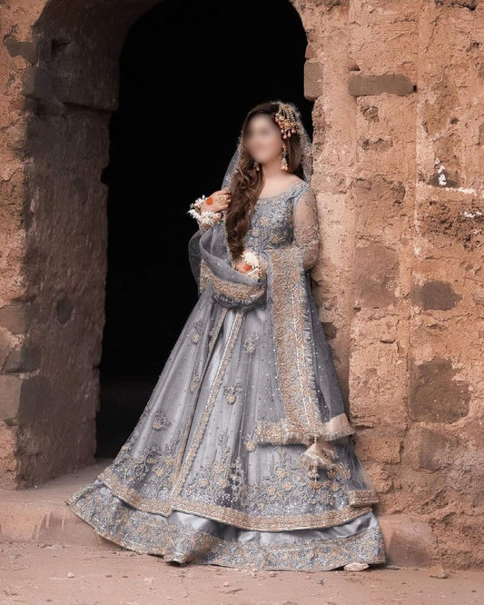 Faiza Saqlain Gray Wedding Collection Maxi Net Fabric