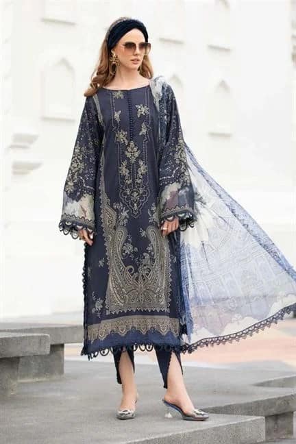 Maria B Blue Gray Pure Lawn New Arrival Print Embroidery Dress 3pc