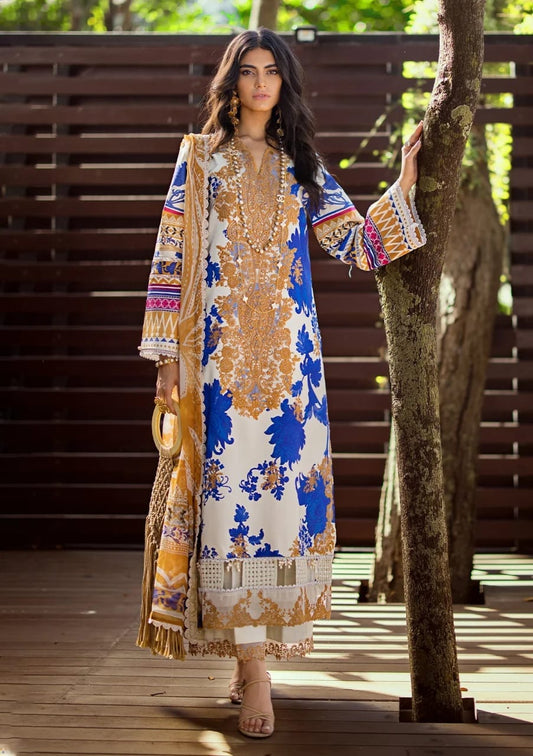 Elaf off White & Blue Print Embroidery Dress 3pc