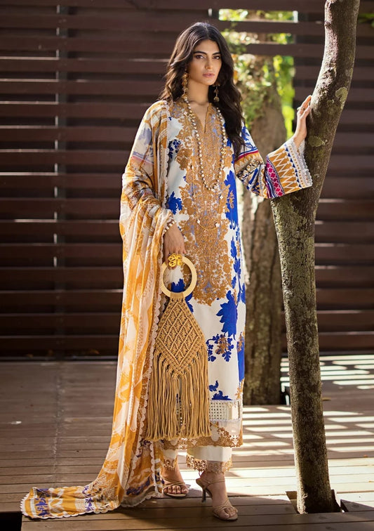 Elaf off White & Blue Print Embroidery Dress 3pc