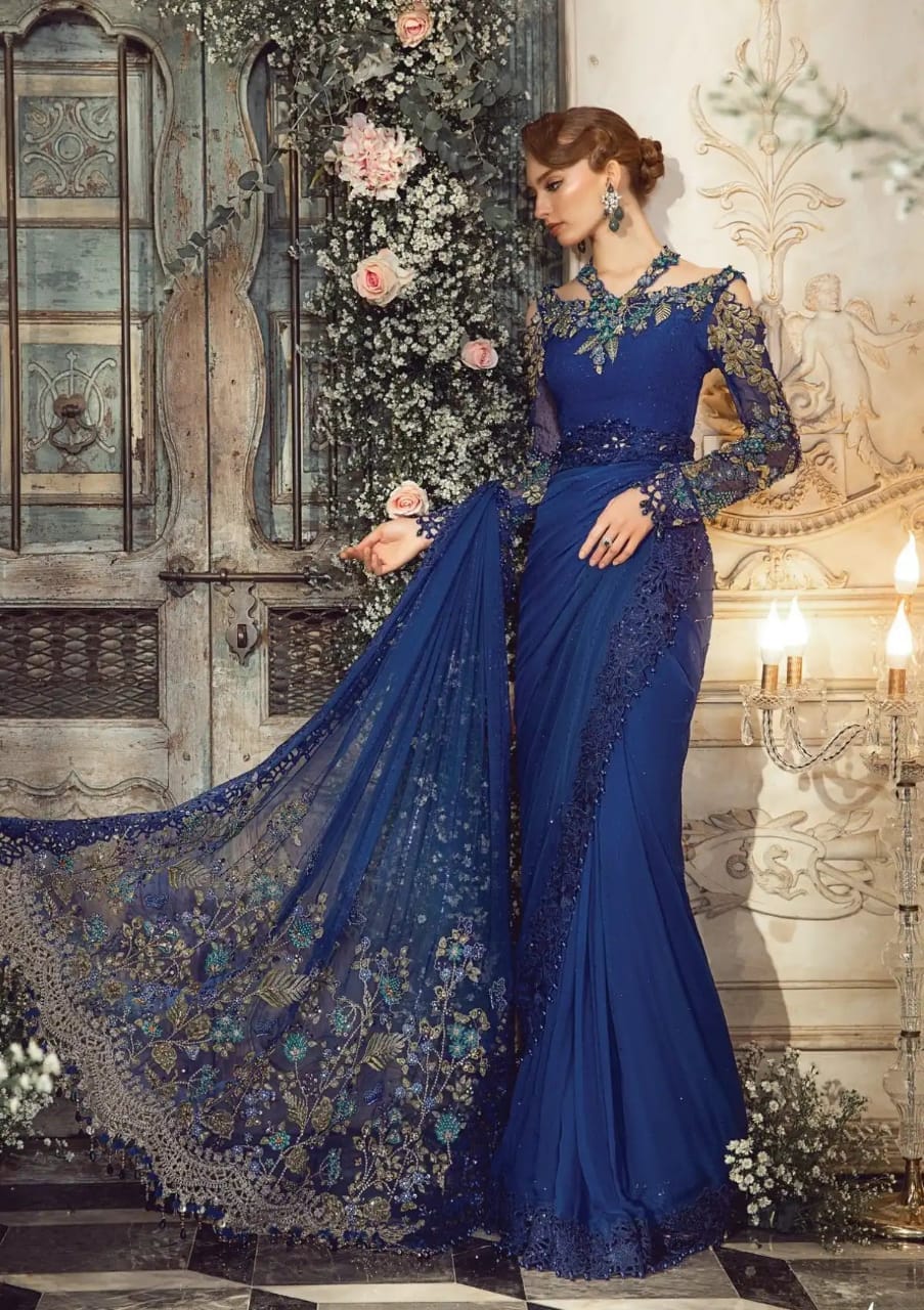 Maria B Wedding Collection Saree Chiffon Fabric Blue