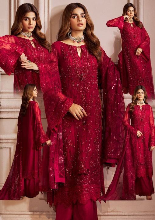 Emaan Adeel Maroon Wedding Collection Soft Net Hand Work