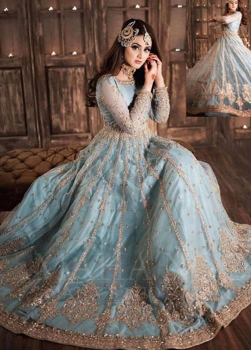 Hira Mani Sky Blue Wedding Collection Soft Net Maxi