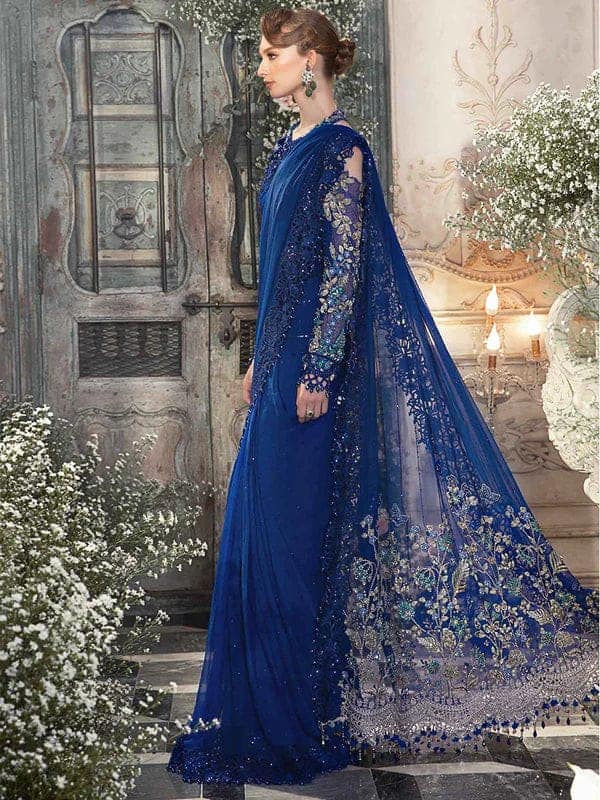 Maria B Wedding Collection Saree Chiffon Fabric Blue