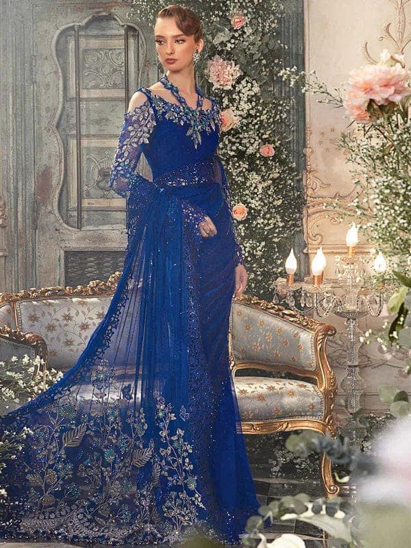 Maria B Wedding Collection Saree Chiffon Fabric Blue