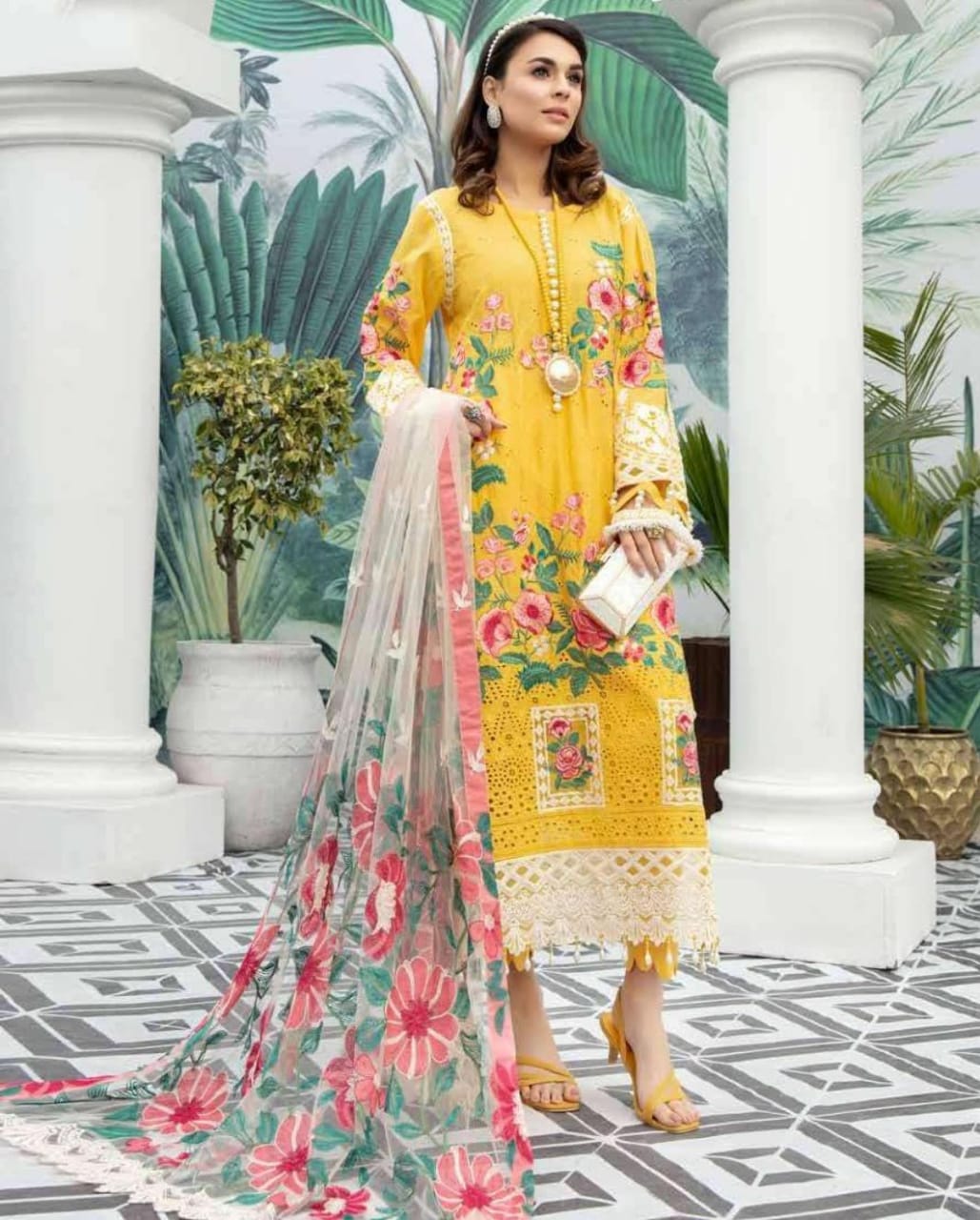 Adan Libas Yellow Pure Lawn Embroidery Dress 3pc