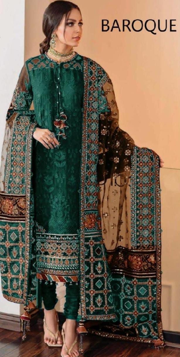 Baroque Green Formal Collection Organza Emb Fabric 3pc Unstitched