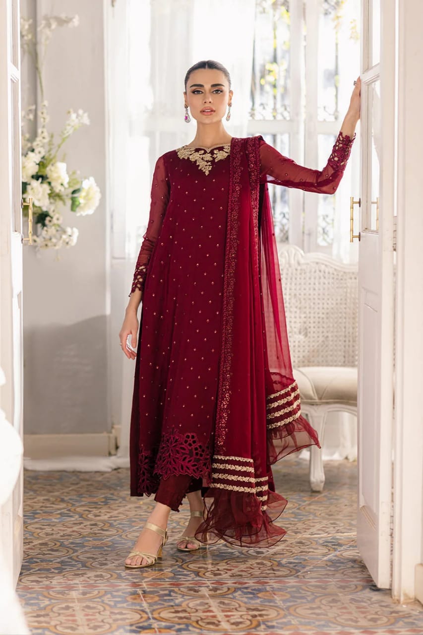 Azure Red Formal Collection Embroidery Hand Work Chiffon