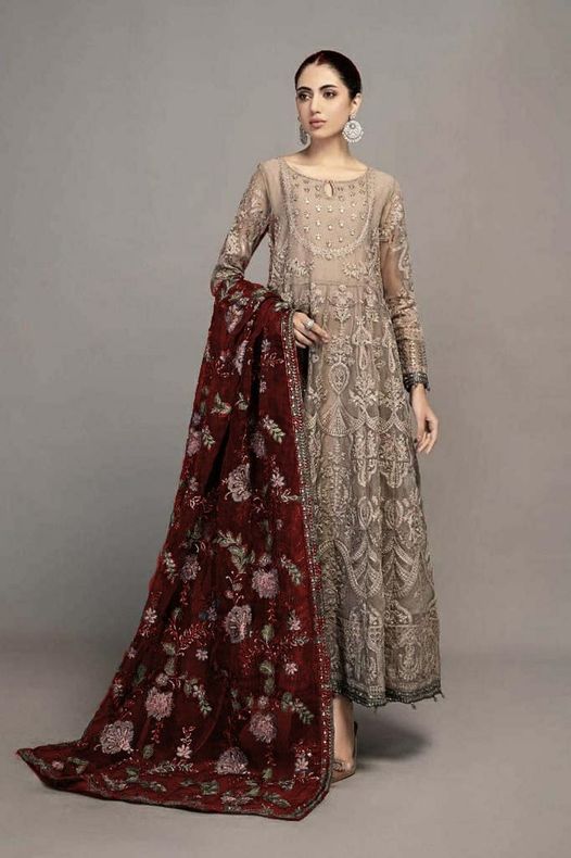 Baroque Maroon Maxi Organza Fabric Formal Collection