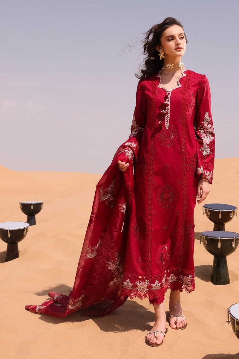 Qalamkar Red Luxury Dress Chikankari Lawn Embroidery