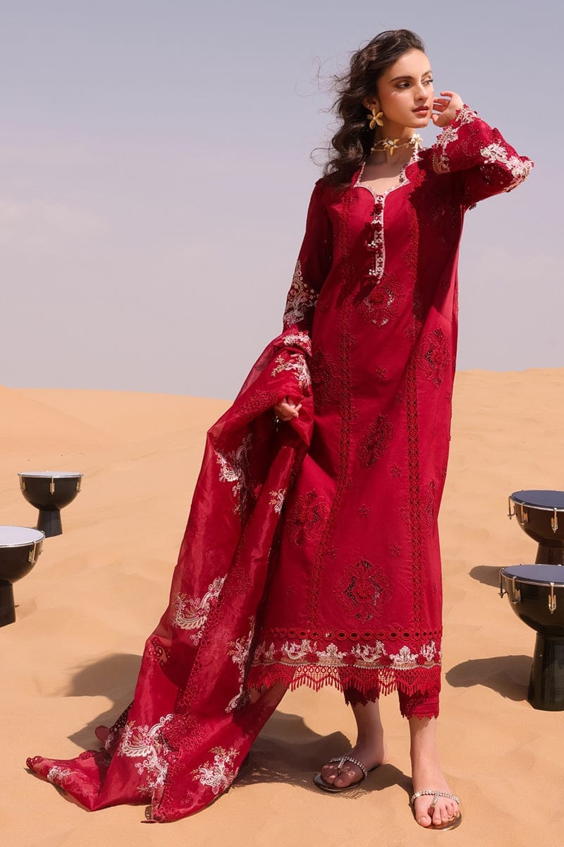 Qalamkar Red Luxury Dress Chikankari Lawn Embroidery