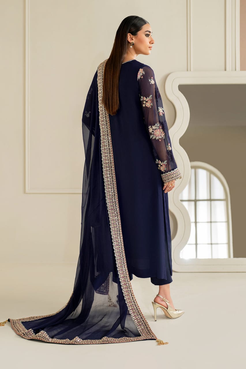 Baroque Blue Chiffon Formal Collection Embroidery 3piece Unstitched