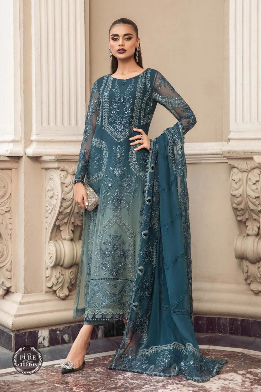 Maria B Blue Formal Collection Chiffon Emb Dress 3piece Unstitched