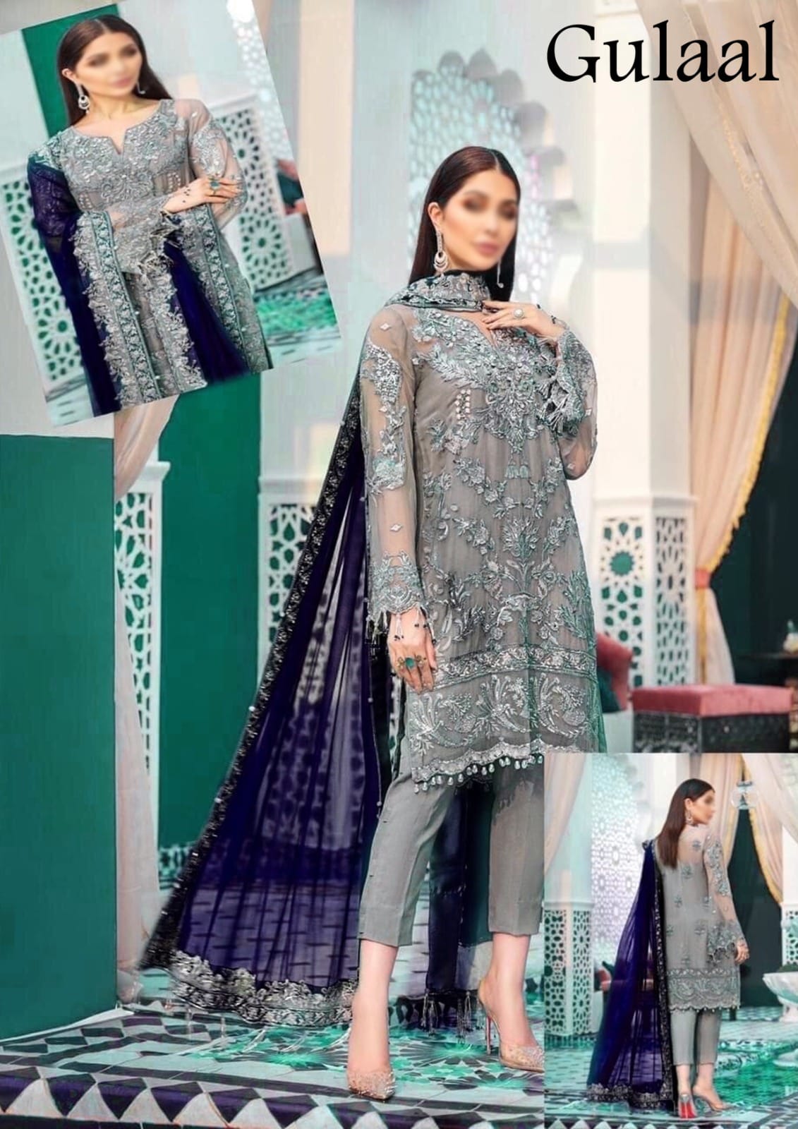 Gulaal Gray & Purple Formal Collection Soft Net Fabric 3pc